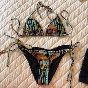 Rvca Patterned String Bikini - Green, Black & Brown